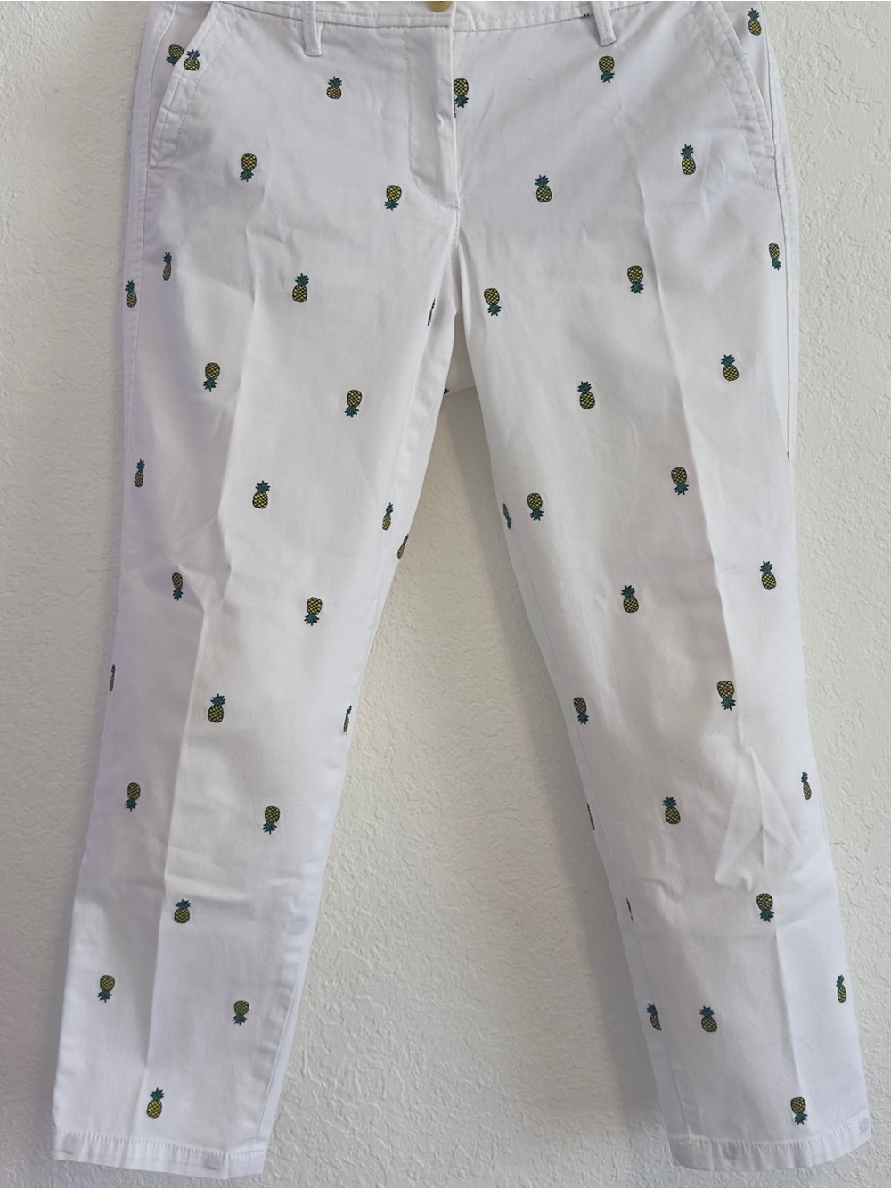 Talbots White Crop Jeans with Green Pineapple Embroidery